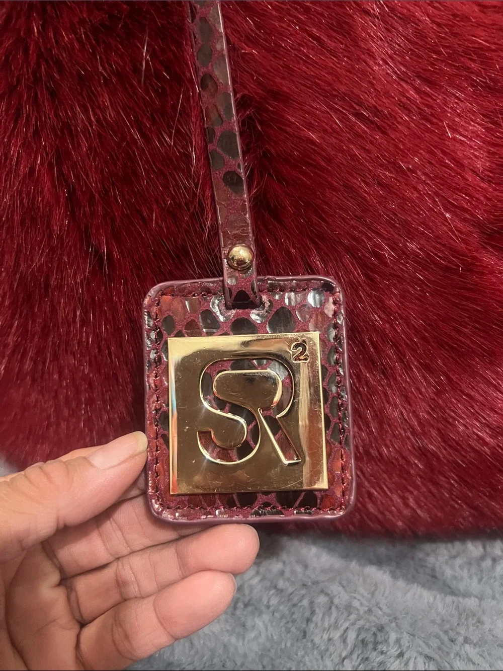 SR Sondra Roberts Deep Red Faux Fur Hobo with Logo Charm NWT retail $132